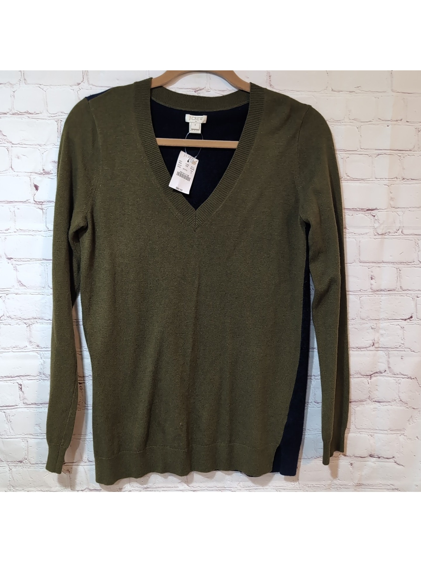J Crew Factory Sweater Womens S Olive Green Blue Merino Wool Blend V Neck Nwt